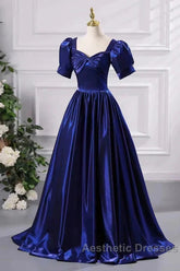 Wholesale Blue Satin Floor Length Evening Prom Dresses A-Line Short Sleeve Backless Evening Party Dresses